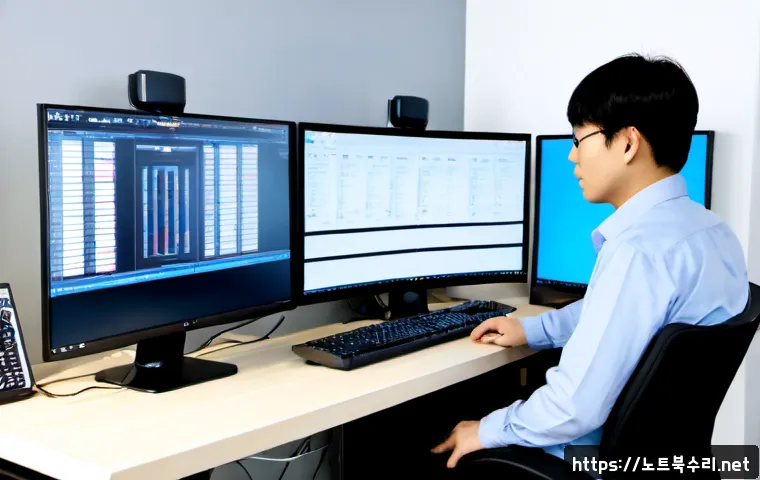 부산동 STATUS_KERNEL_UNSUPPORTED_DEVICE - Photorealistic IT support workstation in a compact coastal Busan neighborhood office, technician con...