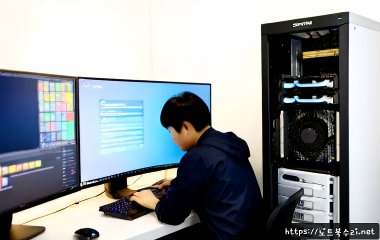 은행동 컴퓨터업그레이드 - Photorealistic computer upgrade workstation in a compact Eunhaeng-dong repair studio, technician ins...