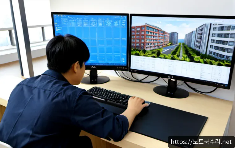 여월동 컴퓨터 desktop 출장방문수리점 - Photorealistic remote-support technician repairing an open desktop tower beside a dual-monitor desig...