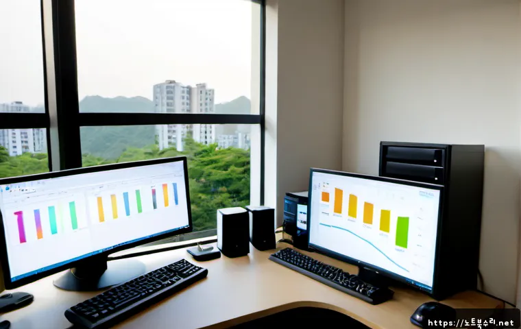 광석동 MEMORY_MANAGEMENT - Photorealistic remote IT support workstation in a quiet Korean residential office, dual monitors dis...