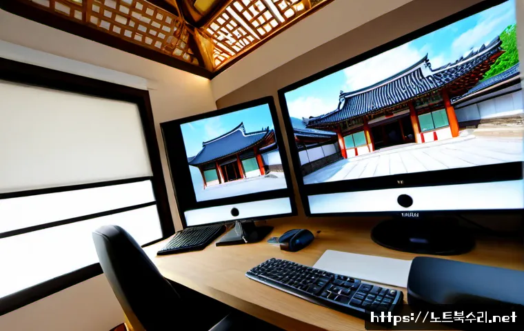삼청동 BAD_POOL_CALLER - Photorealistic remote IT support workstation in a refined Samcheong-dong design studio, dual monitor...