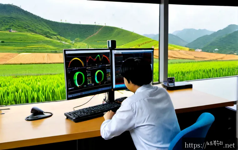 파평면 신호없음 - Photorealistic remote-support workstation in a quiet rural Korean office, technician studying a dual...