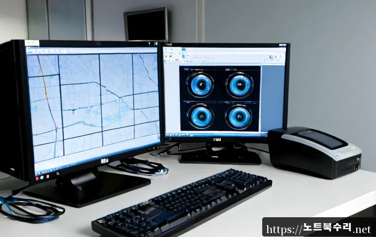 기안동 STATUS_KERNEL_CONNECTION_TIMEOUT - Photorealistic IT support workstation in a quiet suburban industrial office, dual monitors showing a...