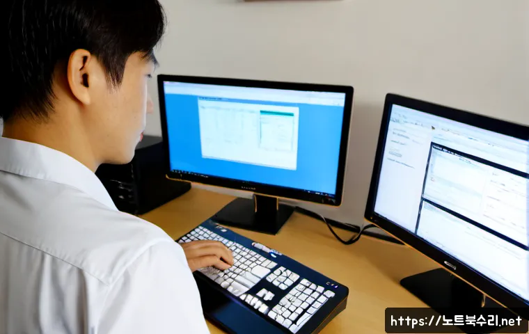 도화동 STATUS_MODULE_CORRUPTION - Photorealistic remote IT support workstation in a compact Mapo office, dual monitors showing abstrac...