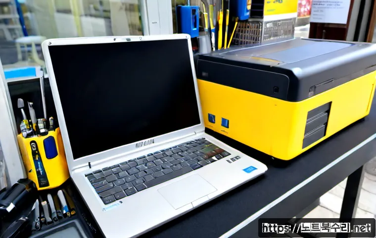 만안구 맥북에어 판매 및 수리 - Photorealistic computer repair workstation in Manan-gu, Anyang, a thin silver ultraportable laptop o...