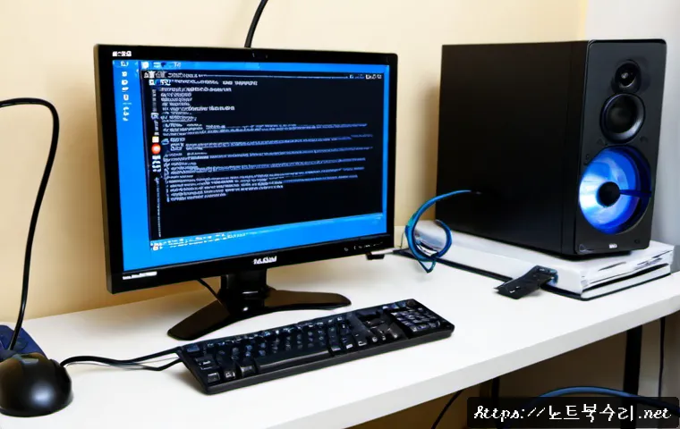 작동 pc에 문제가 발생하여 다시 시작해야 합니다 - Photorealistic remote IT support scene in a compact Seoul home office, desktop PC monitor showing a ...