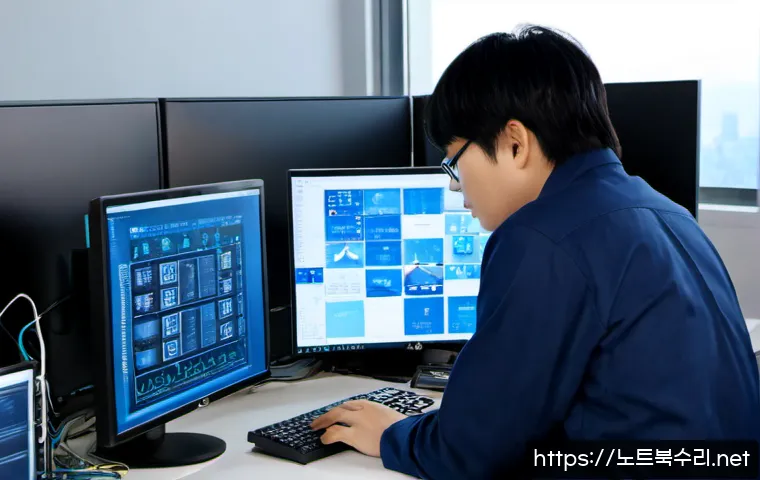 청구동 PAGE_TABLE_CORRUPT - Photorealistic IT support workstation in a compact hillside Seoul office, dual monitors showing a fr...