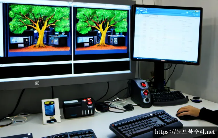 삼정동 REGISTRY_ERROR - Photorealistic computer repair workstation in a compact industrial office near Samjeong-dong, dual m...