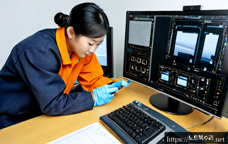 안성동 HDD조립 및 교체수리 - Photorealistic computer repair workstation in a compact neighborhood service office, technician wear...