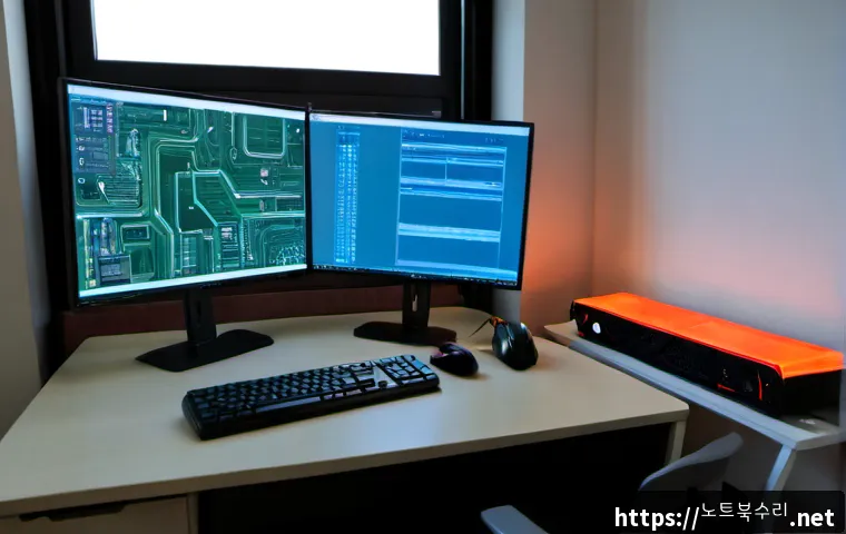 증포동 STATUS_KERNEL_PERMISSION_DENIED - Photorealistic IT support workstation in a quiet Korean apartment office, dual monitors showing abst...