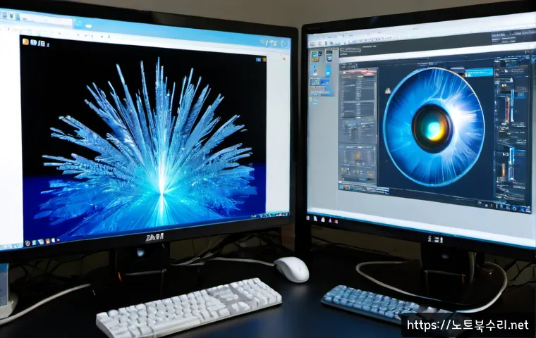 구리시 WIN32K_POWER_WATCHDOG_TIMEOUT - Photorealistic IT support workstation in Guri, South Korea, dual-monitor desktop computer frozen dur...