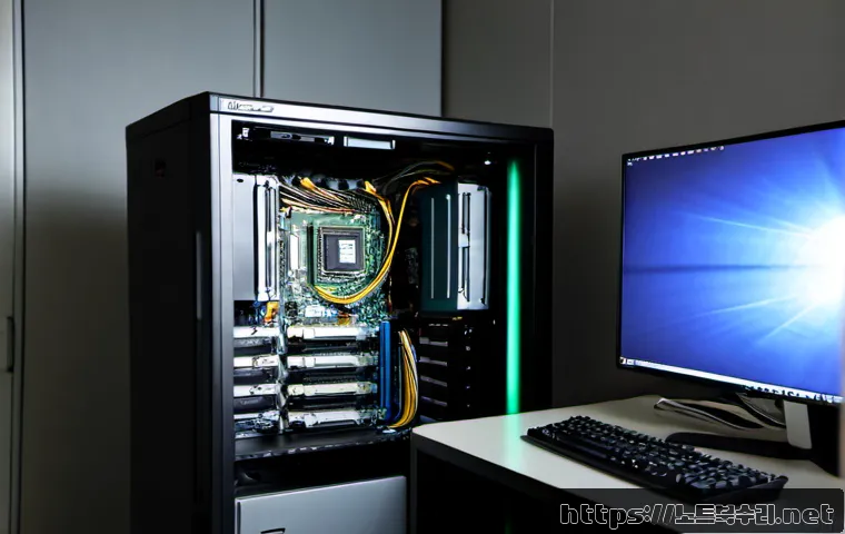 가산동 BOOTMGR is missing - Photorealistic IT support workstation in a Gasan Digital Complex office, desktop monitor showing a d...