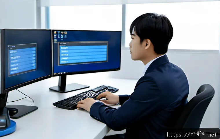영천동 BUGCODE_USB_DRIVER - Photorealistic IT support workstation in a modern Korean office, desktop computer showing a blank bl...