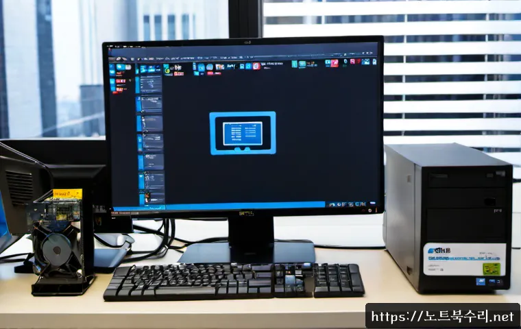 청룡동 STATUS_DISK_READ_FAILURE - Photorealistic IT support workstation in a compact Cheongnyong-dong office, desktop monitor showing ...