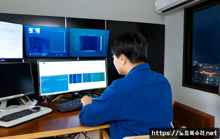 산천동 STATUS_KERNEL_DATA_CORRUPTION - Photorealistic IT support workstation in a compact Sancheon-dong apartment office, dual monitors dis...
