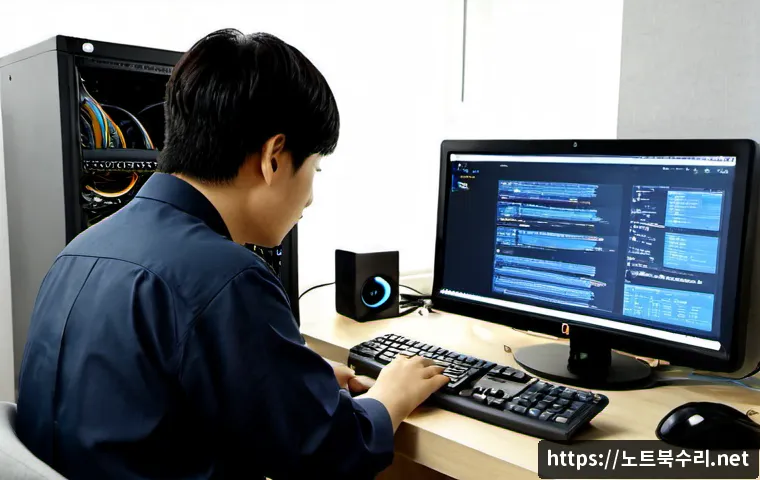 성사동 UNMOUNTABLE_BOOT_VOLUME - Photorealistic remote IT support workstation in Seongsadong, a desktop computer halted at startup wi...