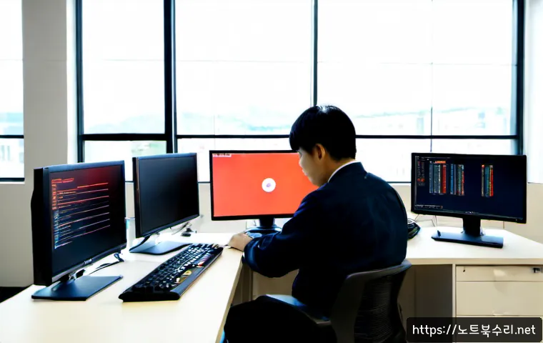 금천구 STATUS_INVALID_DISPOSITION - Photorealistic IT support workstation in a modern Geumcheon industrial office, dual monitors showing...
