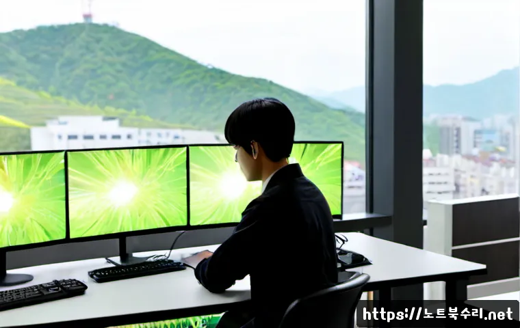 사송동 STATUS_STACK_BUFFER_OVERRUN - Photorealistic IT support workstation in a modern Korean apartment district office, dual monitors sh...