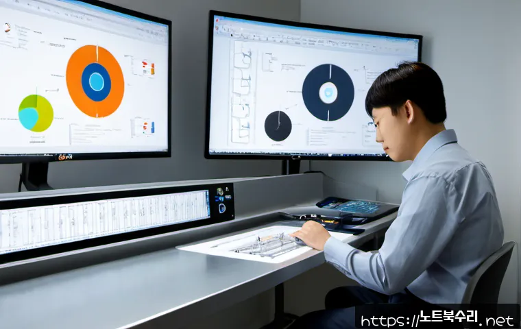 법곳동 THREAD_TERMINATION_PORT - Photorealistic industrial design workstation in a compact Korean technology office, engineer viewing...