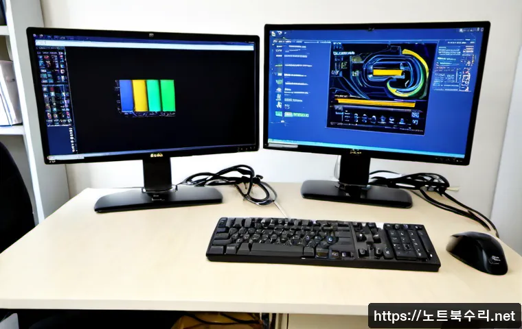 동본동 STATUS_STACK_BUFFER_OVERRUN - Photorealistic compact IT support workstation in a Dongbon-dong apartment office, dual monitors show...