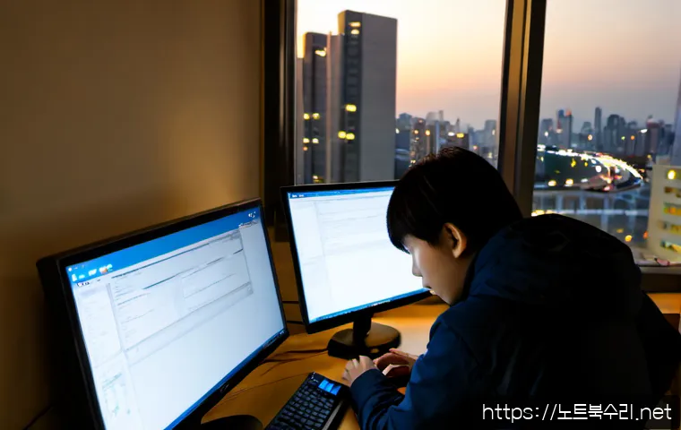 이문동 SYSTEM_LICENSE_VIOLATION - Photorealistic IT support workstation in a compact Imun-dong apartment office, dual monitors showing...