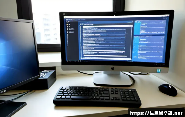 만리동 centos재설치 포맷  초기화 - Photorealistic remote IT support workstation in a compact Manri-dong office, dual monitors showing a...