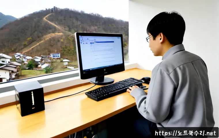 불광동 IO_DEVICE_ERROR - Photorealistic IT support workstation in a compact Eunpyeong-gu apartment office, a desktop monitor ...
