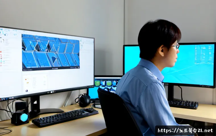 적선동 IO1_INITIALIZATION_FAILED - Photorealistic IT support workstation in a compact Jongno office near Ikseon-dong, dual blank blue d...