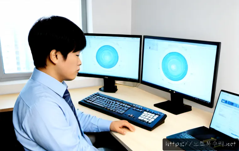 상갈동 DRIVER_CORRUPTED_EXPOOL - Photorealistic IT support workstation in a modern Sanggal-dong apartment office, dual monitors showi...