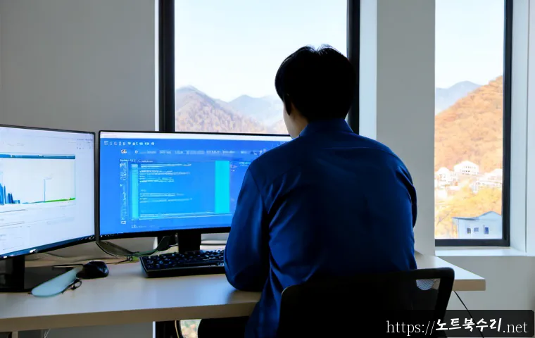 장암동 STATUS_KERNEL_INIT_FAILURE - Photorealistic IT support workstation in a quiet Jangam-dong apartment, dual monitors showing a blan...