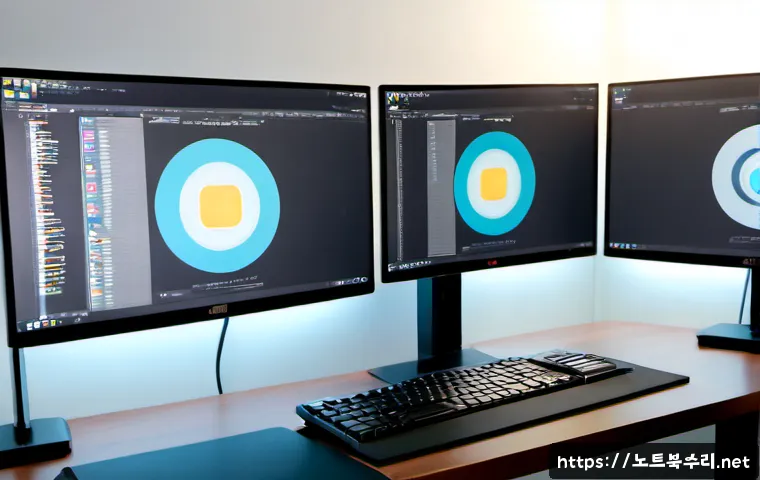 수하동 STATUS_CONTROL_C_EXIT - Photorealistic premium software workstation in a compact Seoul office, dual monitors showing abstrac...