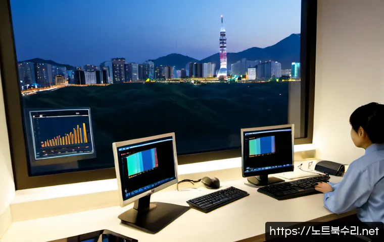 천천동 절전모드 - Photorealistic remote support workstation in a quiet Cheoncheon-dong apartment office, ultrawide mon...