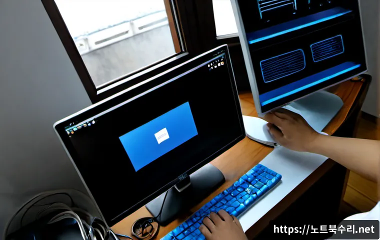 하봉암동 프리도스 윈도우설치 - Photorealistic compact home office in Habongam-dong, a desktop workstation displaying a clean blank ...