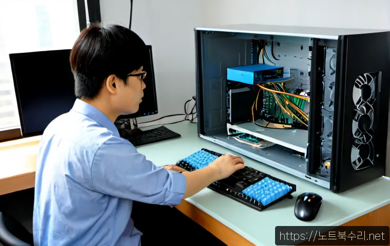 망포동 조립컴퓨터 pc 출장판매설치 - Photorealistic apartment workstation installation in a modern Korean residential district, technicia...