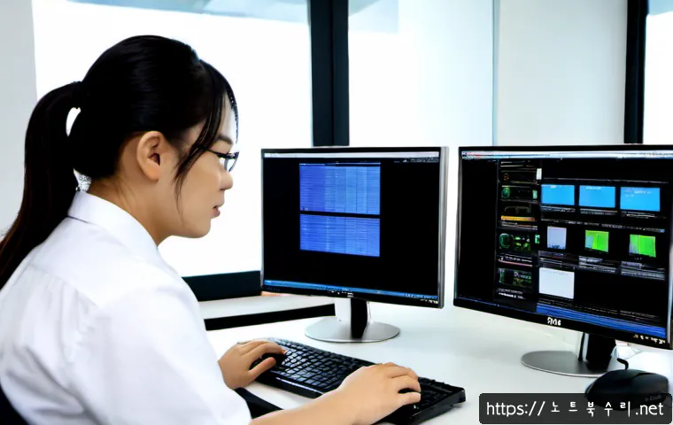 걸산동 UDFS_FILE_SYSTEM - Photorealistic IT support workstation in a modern Galsan-dong office, engineer reviewing a clean abs...
