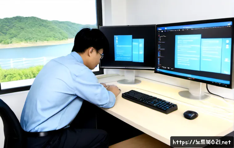 물왕동 PAGE_FAULT_IN_NONPAGED_AREA - Photorealistic IT support workstation in a modern Mulwang-dong apartment office, dual monitors showi...