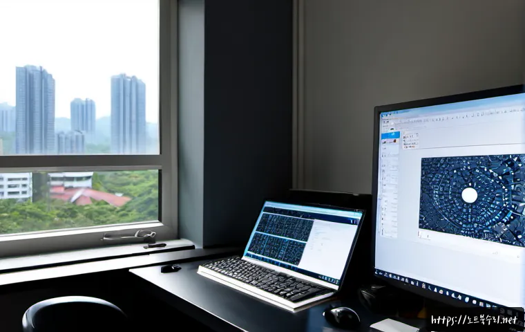 운중동 STATUS_FILE_CORRUPTION - Photorealistic remote-support workstation in a quiet Unjung-dong apartment office, dual monitors sho...
