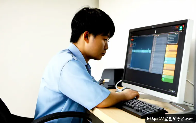 안중읍 STATUS_INVALID_THREAD - Photorealistic IT support workstation in Anjung-eup, a technician studying a dual-monitor desktop wi...