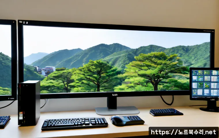은평구 CDFS_FILE_SYSTEM - Photorealistic IT recovery workstation in Eunpyeong-gu, Seoul, dual monitors showing abstract file t...