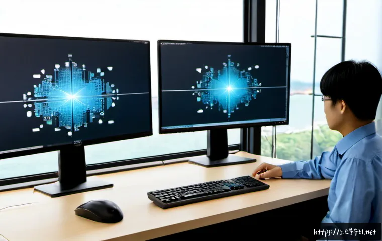 해안동 STATUS_INVALID_OBJECT - Photorealistic IT support workstation in a modern coastal district office, dual monitors showing abs...