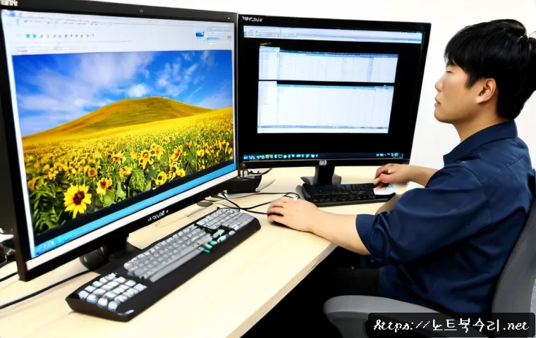 매화동 STATUS_MEMORY_OVERFLOW - Photorealistic remote-support workstation in Maehwa-dong, a technician studying a dual-monitor deskt...