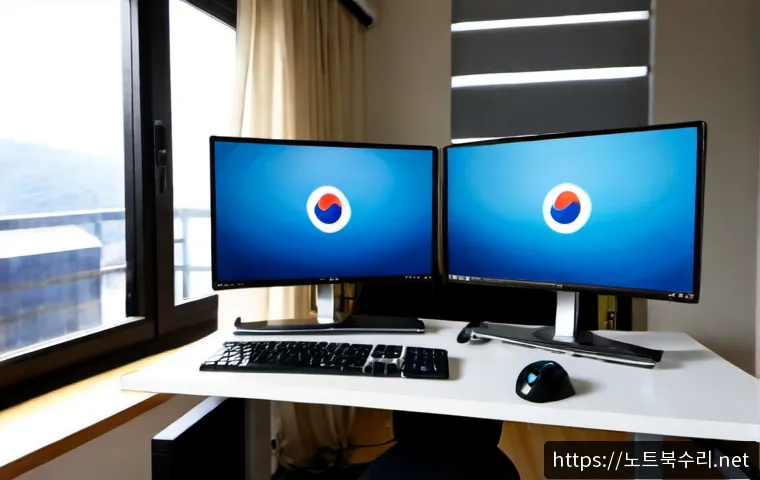 장상동 프로그램응답없음 - Photorealistic remote-support workstation in a quiet Jangsang-dong apartment, dual monitors showing ...