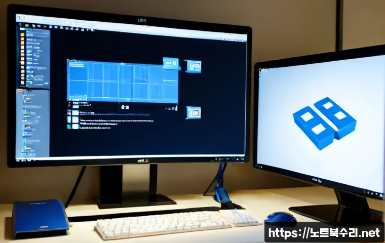 합정동 STATUS_KERNEL_EXECUTION_ERROR - Photorealistic IT support workstation in a compact Hapjeong neighborhood design studio, dual monitor...