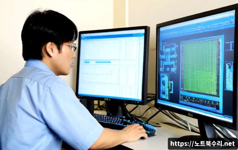 관교동 STATUS_KERNEL_THREAD_INTERRUPTED - Photorealistic IT support workstation in a quiet Korean neighborhood office, technician examining a ...