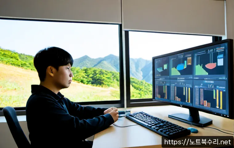 남산동 STATUS_KERNEL_DISK_ERROR - Photorealistic IT support workstation in a compact hillside apartment near Namsan-dong, technician e...