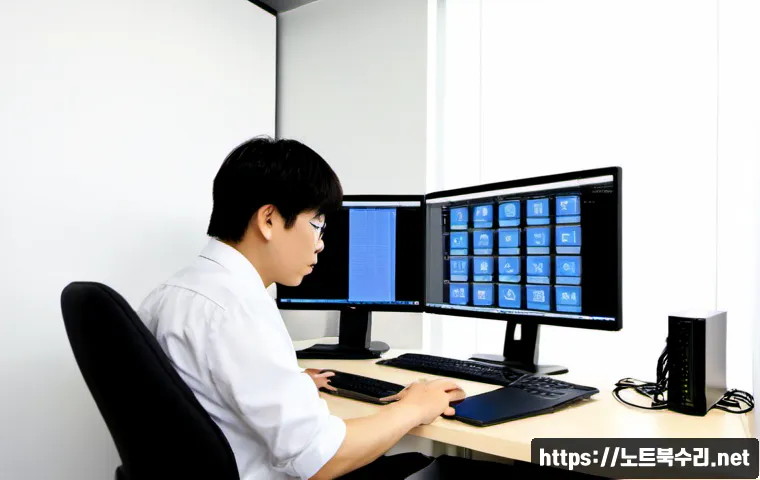 서구 SESSION_HAS_NO_PAGEFILE - Photorealistic IT support workstation in a modern West District office, dual monitors showing abstra...