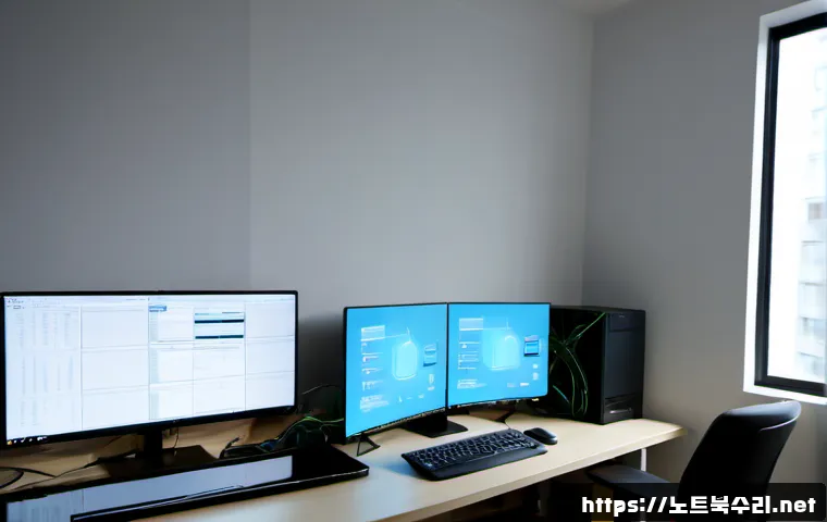 검암동 STATUS_MODULE_NOT_FOUND - Photorealistic modern software support workstation in a quiet Geomam-dong apartment office, dual mon...