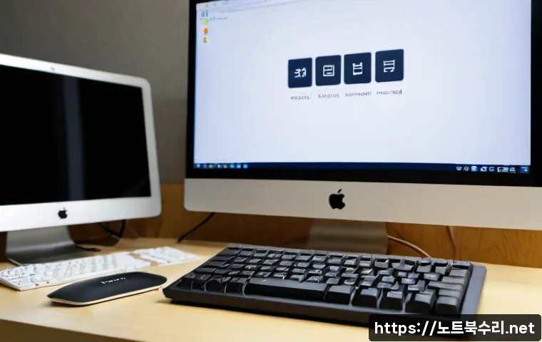 장암동 맥윈도우 부트캠프_bootcamp 재설치 포맷  초기화 - Photorealistic Mac desktop workstation during a clean dual-boot recovery setup, laptop connected to ...