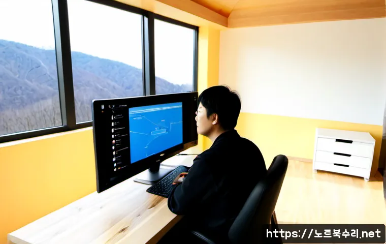 평창동 조립컴퓨터 pc 출장판매설치 - Photorealistic premium desktop computer installation in a sunlit Pyeongchang-dong hillside residence...