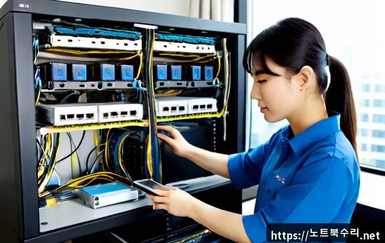 수정구 ftp서버출장방문수리점 - Photorealistic remote-support technician repairing a compact rack-mounted file server in a tidy Suje...